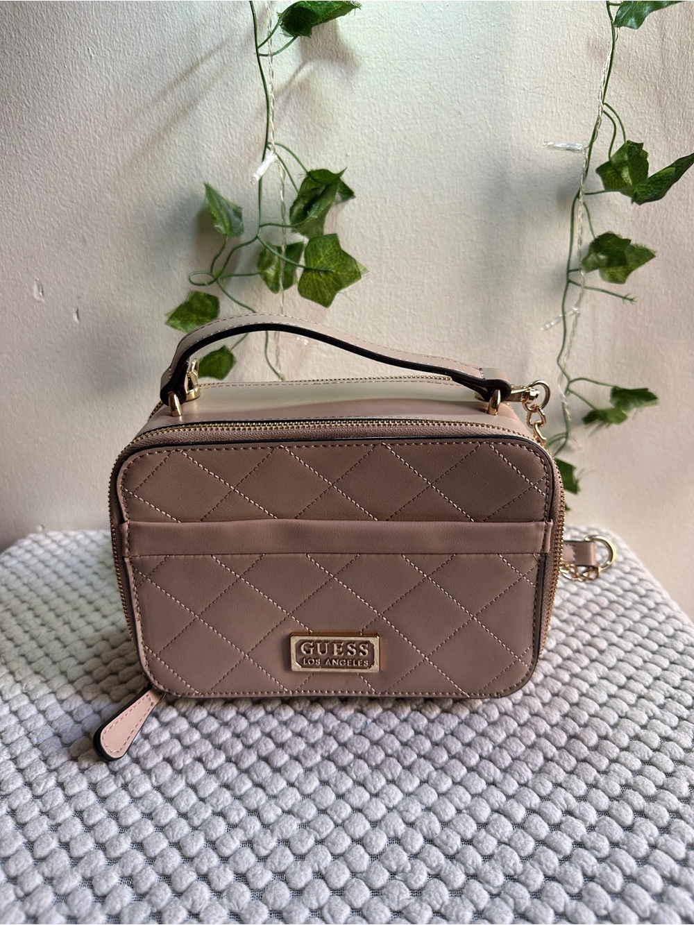 GUESS Quilted Taupe Crossbody Camera Bag with Gold Hardware
